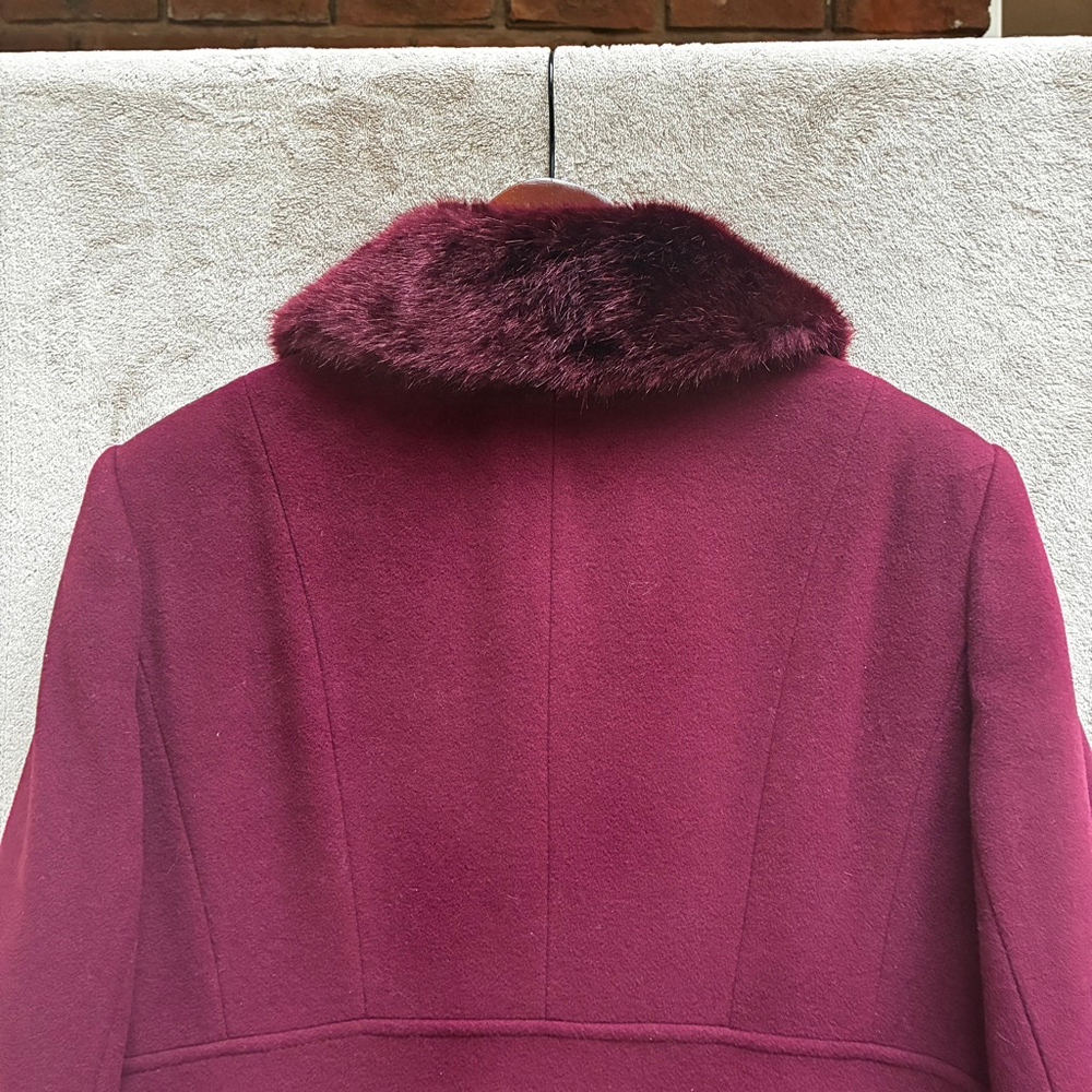 Precis Petite Wool Cashmere Pea Coat Size 14 Burgundy Faux Fur Timeless Winter - Picture 8 of 16